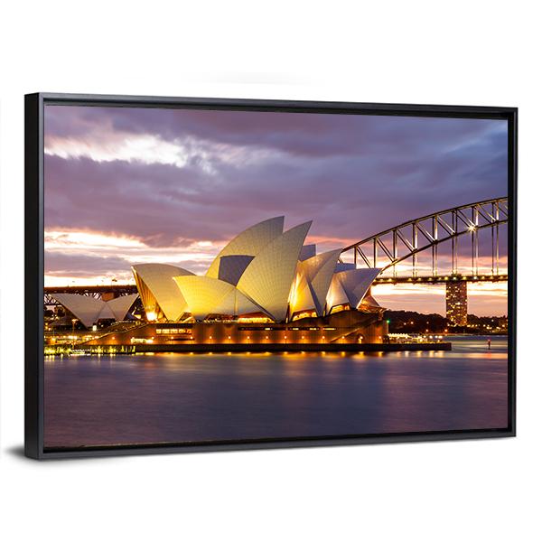Sydney Opera House At Dusk Canvas Wall Art-3 Horizontal-Gallery Wrap-25" x 16"-Tiaracle