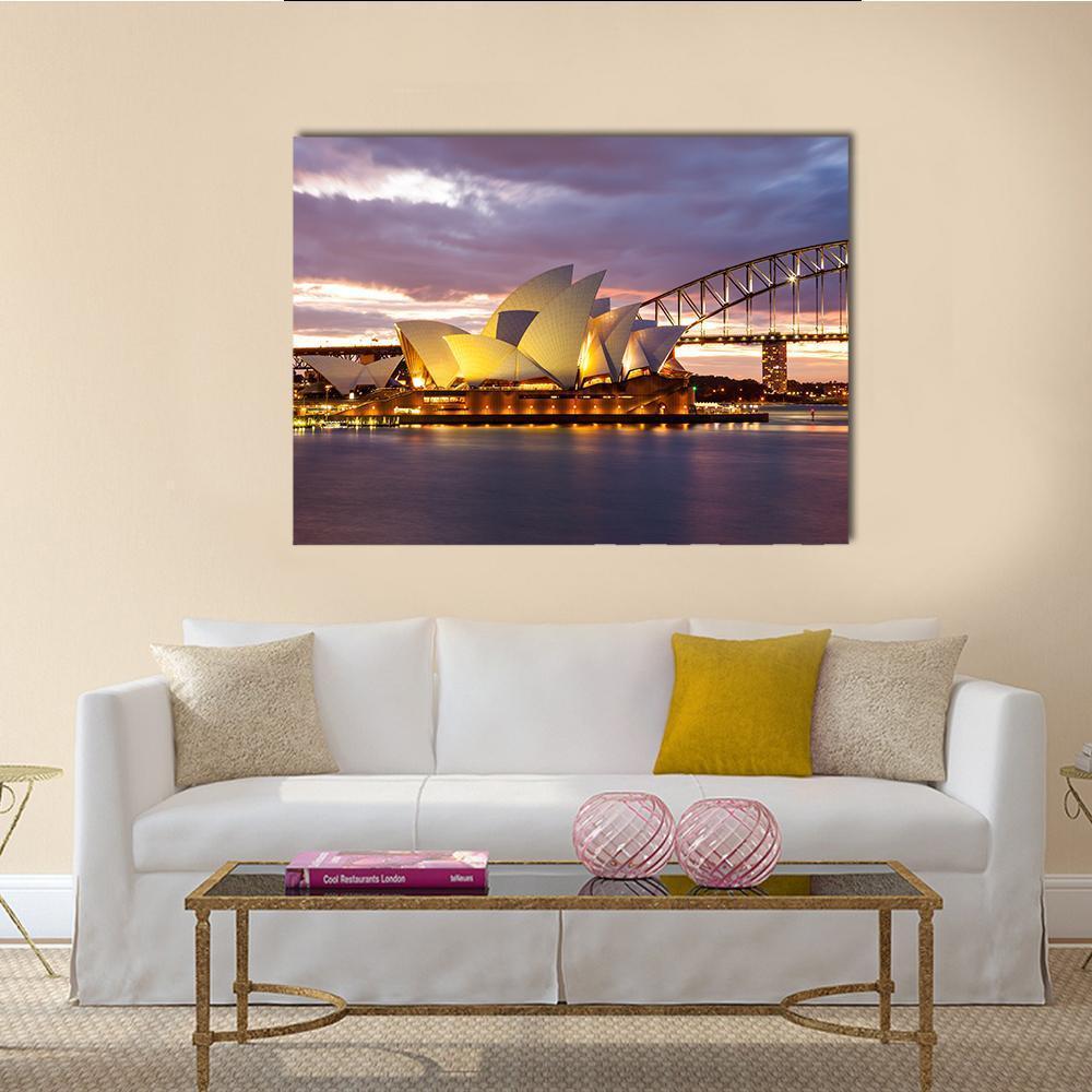Sydney Opera House at Dusk Canvas Wall Art in orange, blue and purple, single panel hung on a wall
