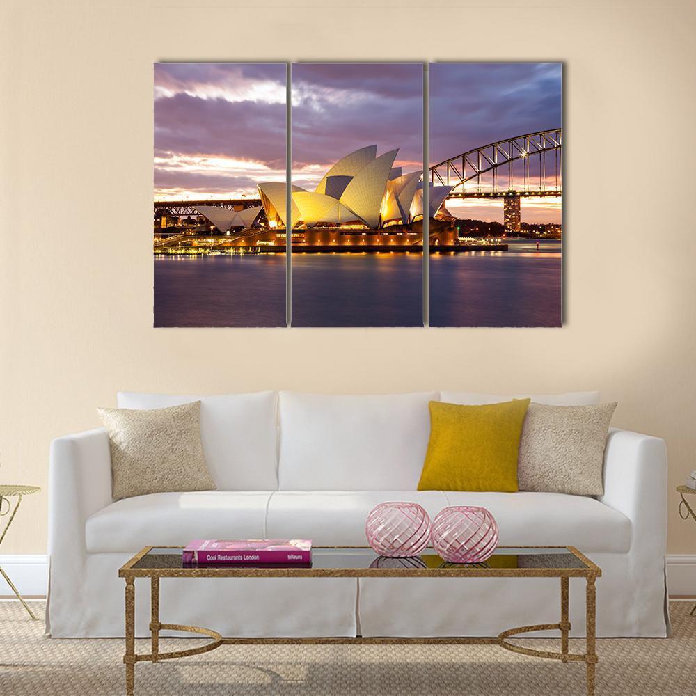 Sydney Opera House At Dusk Canvas Wall Art-3 Horizontal-Gallery Wrap-37" x 24"-Tiaracle