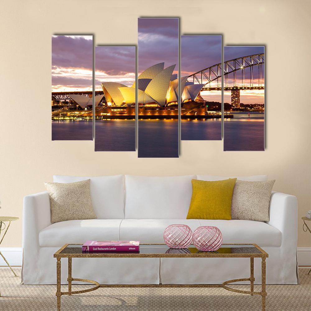 Sydney Opera House At Dusk Canvas Wall Art-5 Pop-Gallery Wrap-47" x 32"-Tiaracle
