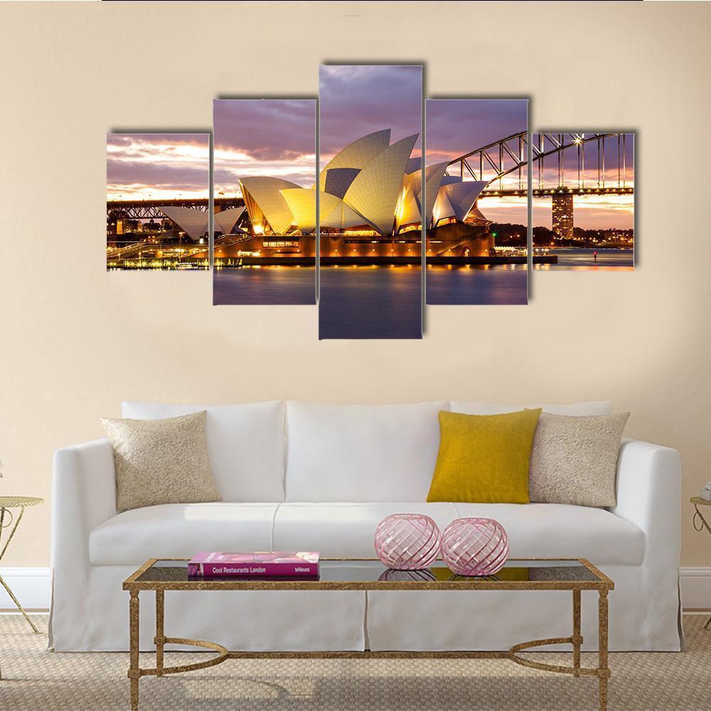 Sydney Opera House At Dusk Canvas Wall Art-5 Pop-Gallery Wrap-47" x 32"-Tiaracle