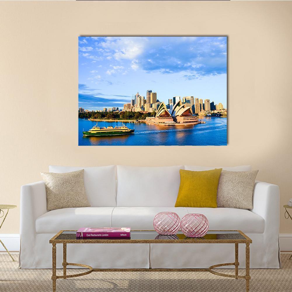 Sydney Opera House Harbor Scene Canvas Wall Art in white, beige and blue, single panel hung on a wall