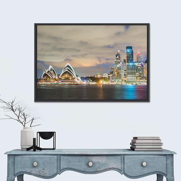 Sydney Skyline At Dusk Canvas Wall Art-1 Piece-Floating Frame-24" x 16"-Tiaracle