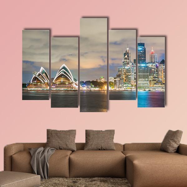 Sydney Skyline At Dusk Canvas Wall Art-5 Pop-Gallery Wrap-47" x 32"-Tiaracle