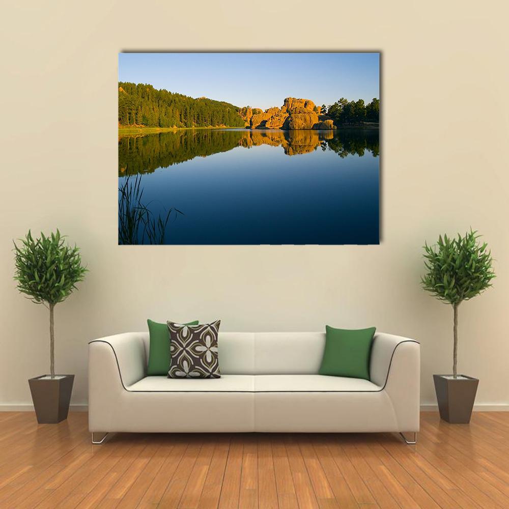 Sylvan Lake in Black Hills Canvas Wall Art in brown, green and blue, single panel hung on a wall