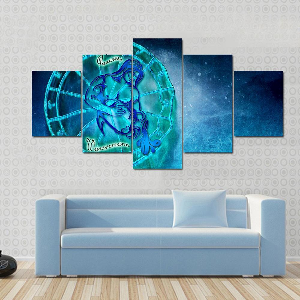 Symbol Of Aquarius Horoscope Canvas Wall Art-5 Star-Gallery Wrap-42" x 21"-Tiaracle