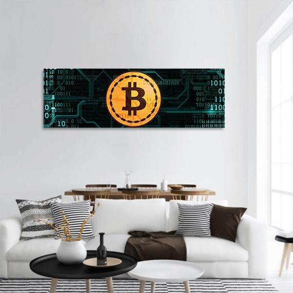 Bitcoin With Binary Code Panoramic Canvas Wall Art-1 Piece-36&quot; x 12&quot;-Tiaracle