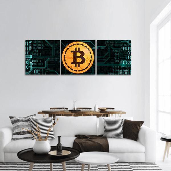 Golden Bitcoin with Binary Code Panoramic Canvas Wall Art in black, gold and green, single panel hung on a wall