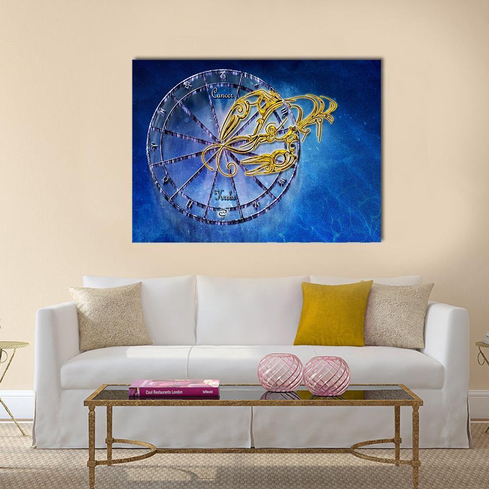 Cancer Zodiac Wheel with Golden Crab Canvas Wall Art in gold and blue, single panel hung on a wall
