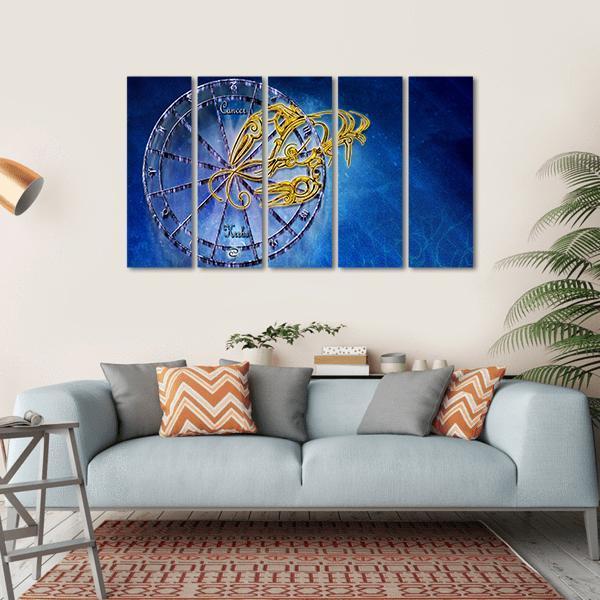Cancer Zodiac Wheel with Golden Crab Canvas Wall Art in gold and blue, hung on a wall