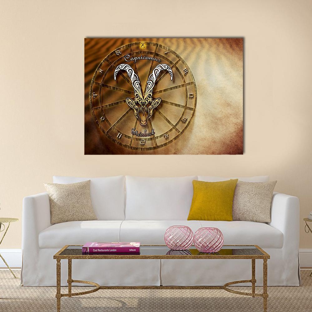 Capricorn Zodiac Wheel with Goat Head Canvas Wall Art in beige, brown and gold, single panel hung on a wall