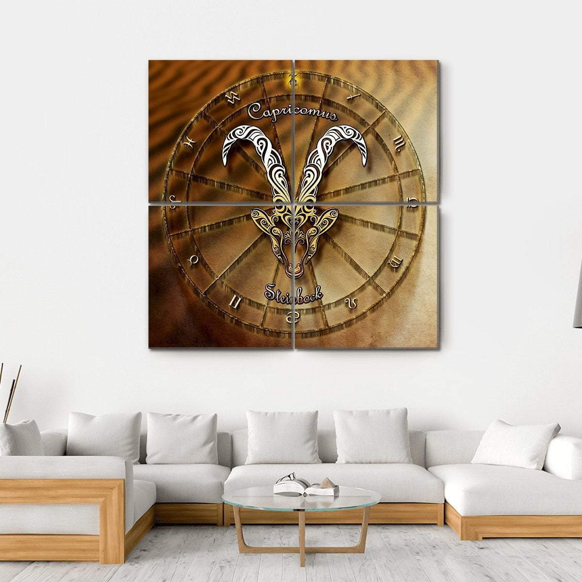Capricorn Zodiac Wheel with Goat Head Canvas Wall Art in beige, brown and gold, hung on a wall