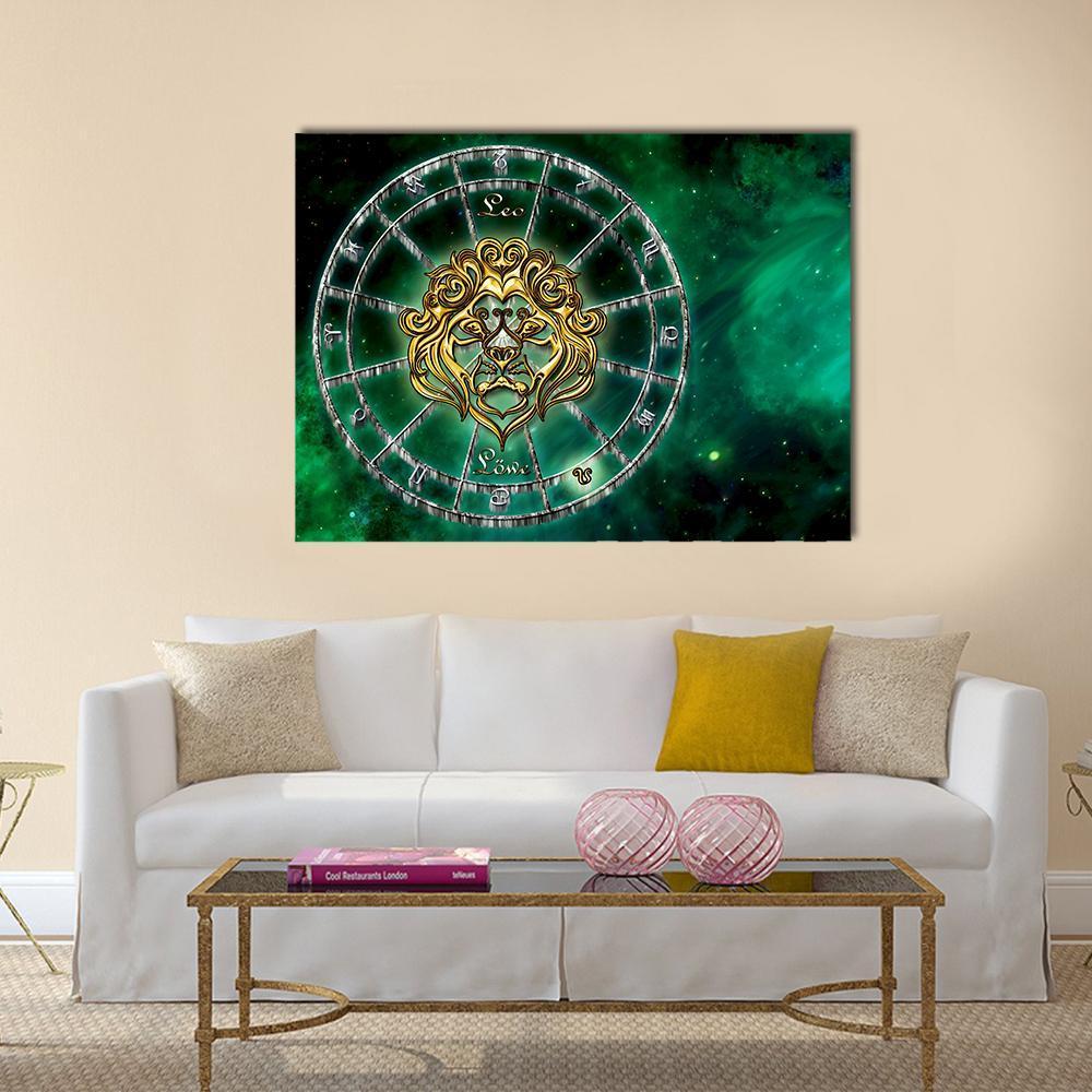 Golden Leo Zodiac Emblem Canvas Wall Art in black, gold and green, single panel hung on a wall
