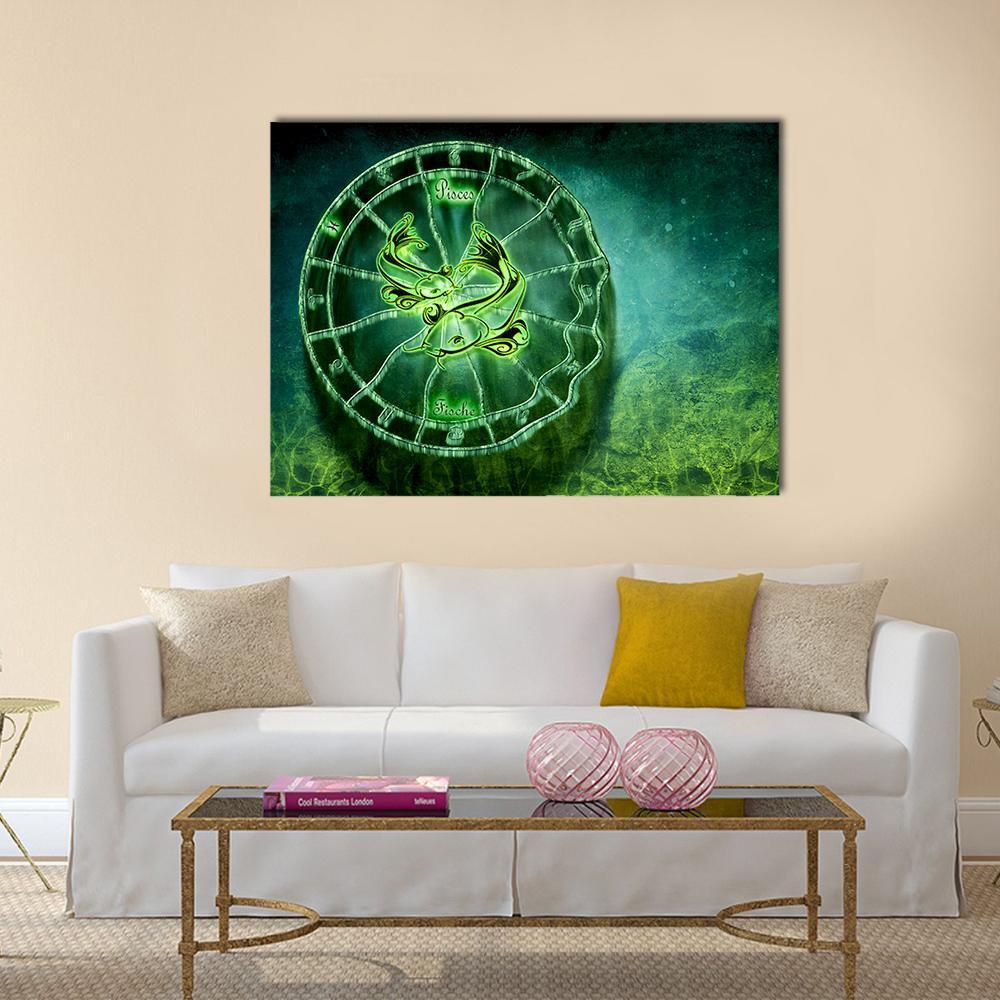 Emerald Pisces Zodiac Wheel Canvas Wall Art in black and green, single panel hung on a wall