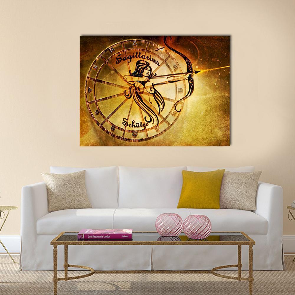 Sagittarius Archer Zodiac Wheel Canvas Wall Art in brown, gold and yellow, single panel hung on a wall