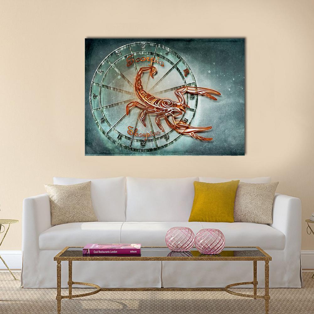 Scorpio Zodiac Symbol Canvas Wall Art in gray and blue, single panel hung on a wall