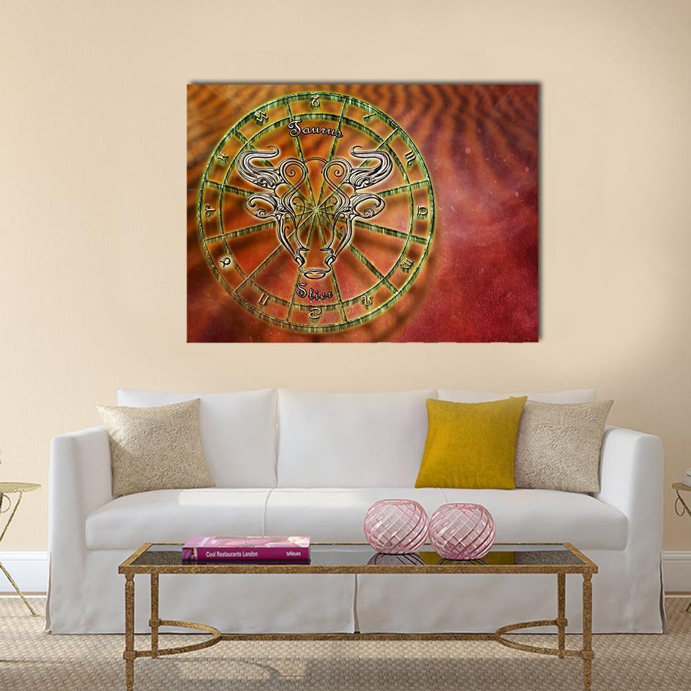 Taurus Zodiac Bull Illustration Canvas Wall Art in brown, red and green, single panel hung on a wall
