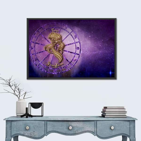 Virgo Zodiac Wheel with Golden Figure Canvas Wall Art in gold and purple, framed canvas, product view on a white background