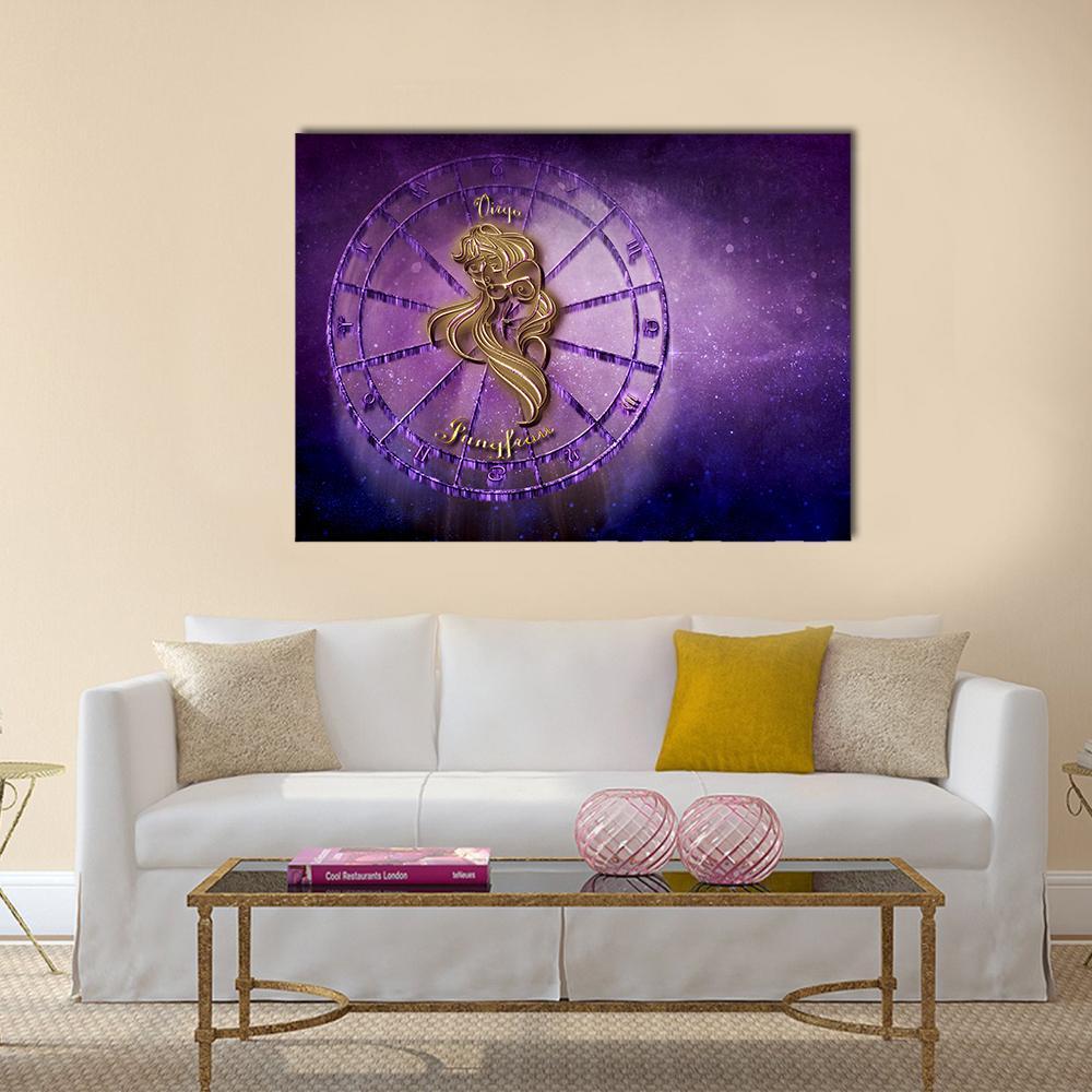 Virgo Zodiac Wheel with Golden Woman Canvas Wall Art in gold and purple, single panel hung on a wall