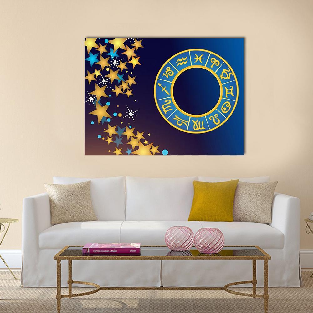 Golden Zodiac Wheel on Deep Blue Canvas Wall Art in gold, blue and navy, single panel hung on a wall