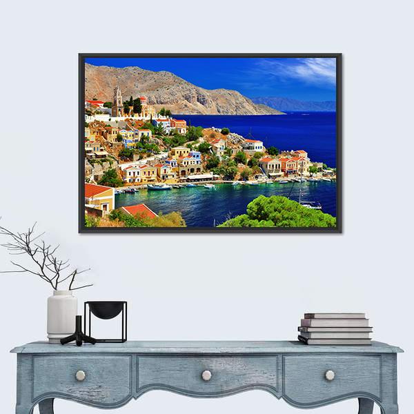 Symi island In Greece Canvas Wall Art-1 Piece-Floating Frame-24" x 16"-Tiaracle