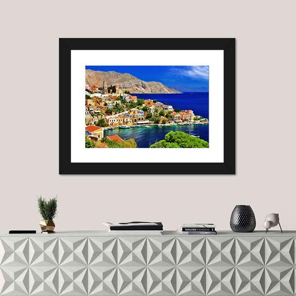 Symi island In Greece Canvas Wall Art-1 Piece-Framed Print-20" x 16"-Tiaracle