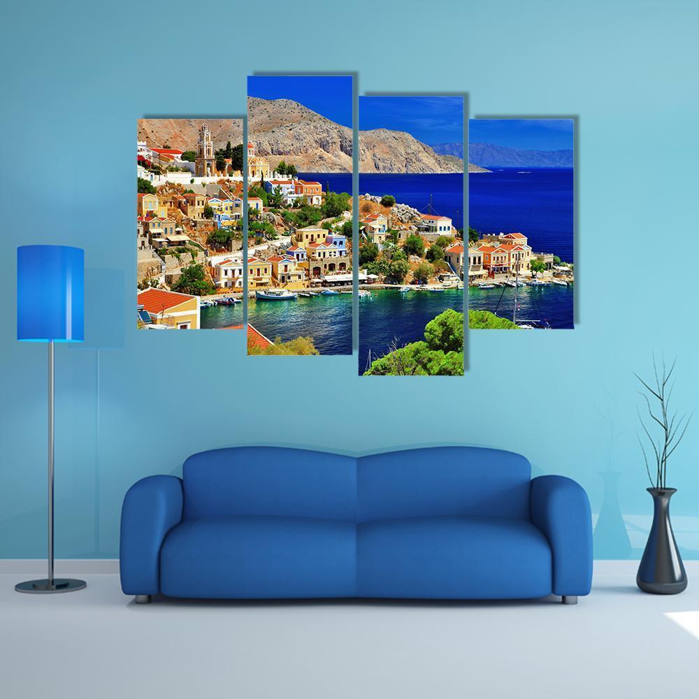 Symi island In Greece Canvas Wall Art-4 Pop-Gallery Wrap-50" x 32"-Tiaracle