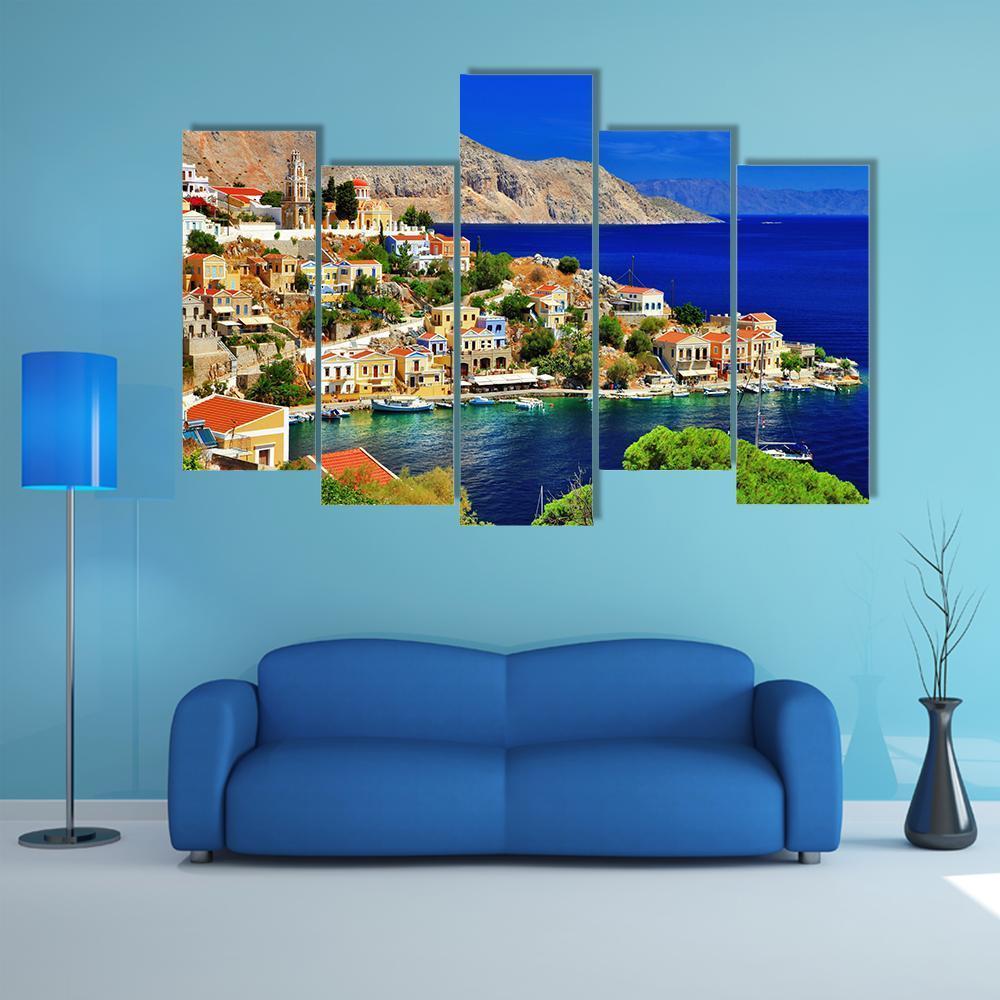 Symi island In Greece Canvas Wall Art-5 Pop-Gallery Wrap-47" x 32"-Tiaracle