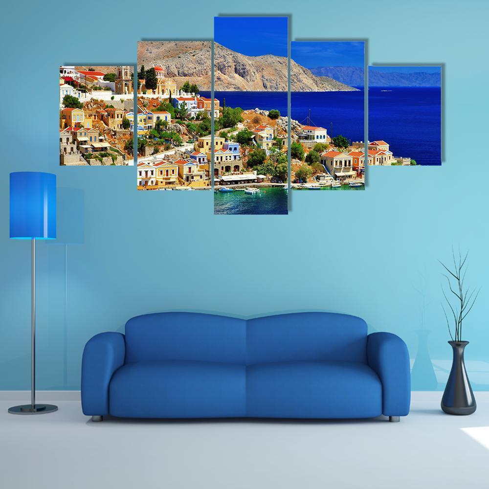 Symi island In Greece Canvas Wall Art-5 Star-Gallery Wrap-62" x 32"-Tiaracle