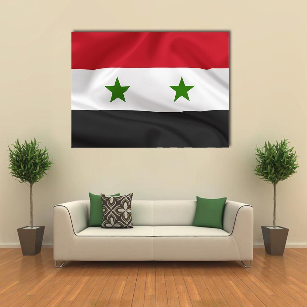 Syrian Flag Waving on Silk Canvas Wall Art in black, white and red, single panel hung on a wall