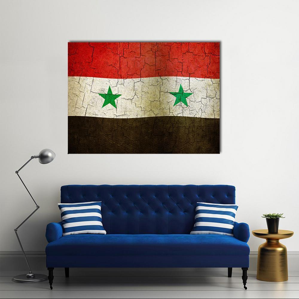 Syrian Flag with Cracked Paint Texture Canvas Wall Art in black, white and red, single panel hung on a wall