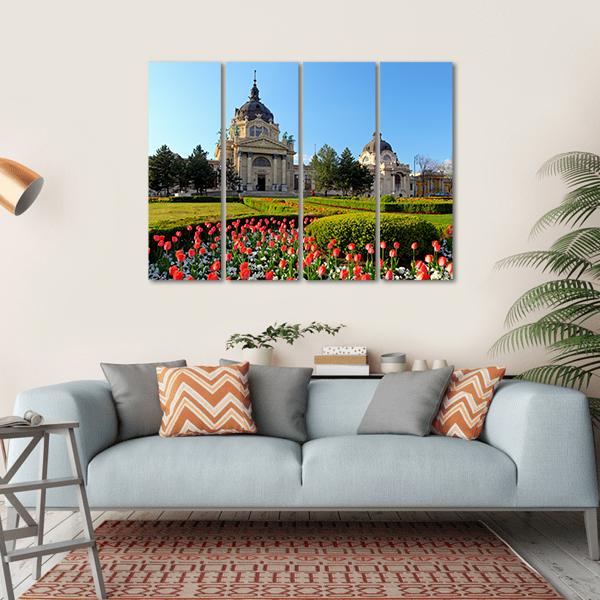 Szechenyi Spa With Flowers In Budapest Canvas Wall Art-4 Horizontal-Gallery Wrap-34" x 24"-Tiaracle