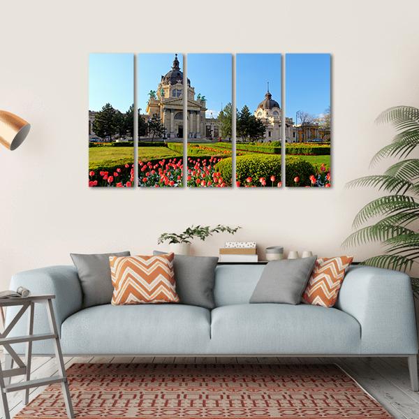 Szechenyi Spa With Flowers In Budapest Canvas Wall Art-5 Horizontal-Gallery Wrap-22" x 12"-Tiaracle
