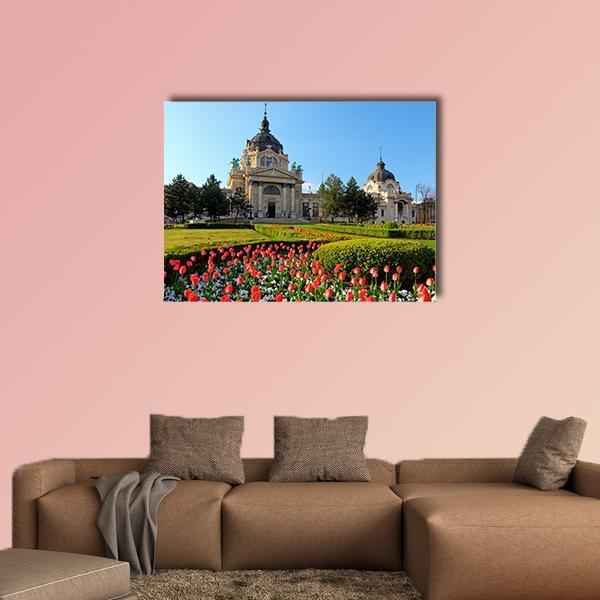 Szechenyi Spa With Flowers In Budapest Canvas Wall Art-1 Piece-Gallery Wrap-48" x 32"-Tiaracle