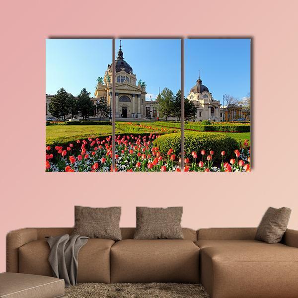 Szechenyi Spa With Flowers In Budapest Canvas Wall Art-4 Pop-Gallery Wrap-50" x 32"-Tiaracle