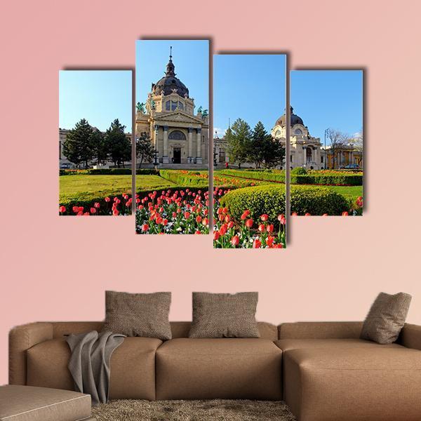 Szechenyi Spa With Flowers In Budapest Canvas Wall Art-4 Pop-Gallery Wrap-50" x 32"-Tiaracle