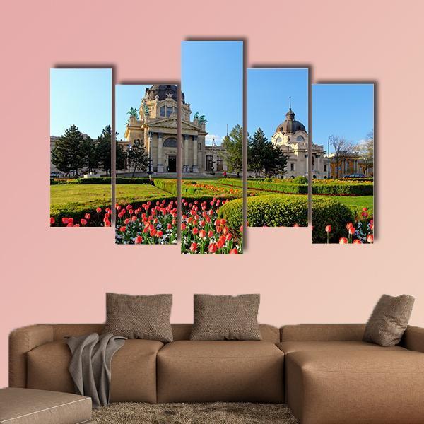 Szechenyi Spa With Flowers In Budapest Canvas Wall Art-5 Pop-Gallery Wrap-47" x 32"-Tiaracle