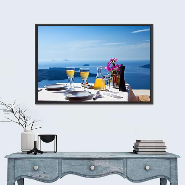 Table Above Sea In Santorini Island Canvas Wall Art-1 Piece-Floating Frame-24" x 16"-Tiaracle
