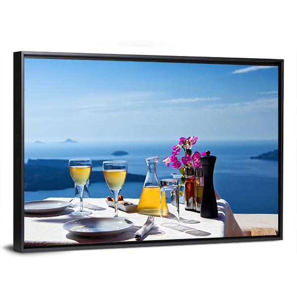 Table Above Sea In Santorini Island Canvas Wall Art-3 Horizontal-Gallery Wrap-25" x 16"-Tiaracle