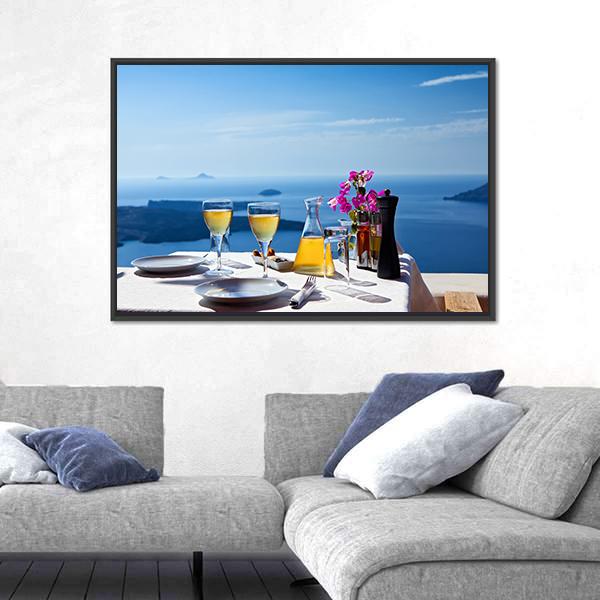 Table Above Sea In Santorini Island Canvas Wall Art-3 Horizontal-Gallery Wrap-25" x 16"-Tiaracle