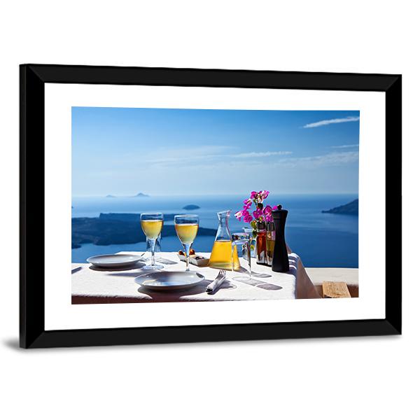 Table Above Sea In Santorini Island Canvas Wall Art-3 Horizontal-Gallery Wrap-25" x 16"-Tiaracle