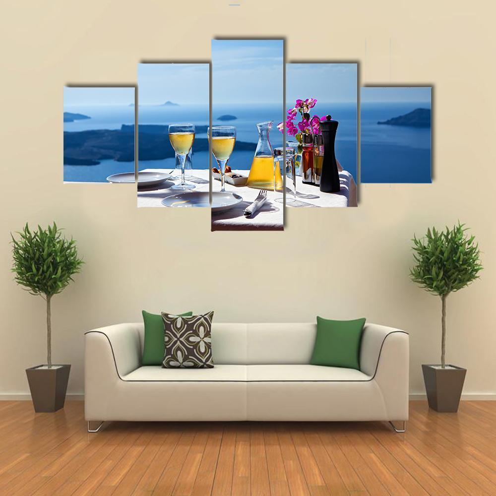 Table Above Sea In Santorini Island Canvas Wall Art-5 Star-Gallery Wrap-62" x 32"-Tiaracle