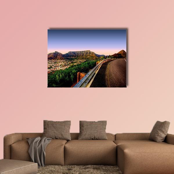 Table Mountain Road Vista Canvas Wall Art in brown, green and blue, single panel hung on a wall