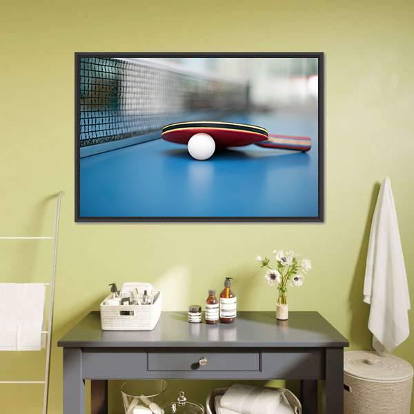 Table Tennis Ball and Bat Canvas Wall Art in white, red and blue, framed canvas, product view on a white background
