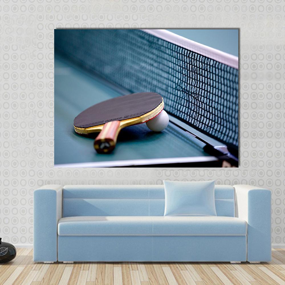 Table Tennis Canvas Wall Art in black, green and blue, single panel hung on a wall