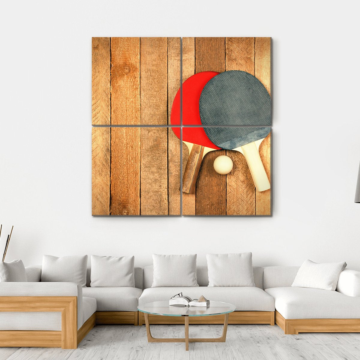 Table Tennis Paddles And Ball On Wooden Texture Canvas Wall Art-4 Square-Gallery Wrap-17" x 17"-Tiaracle