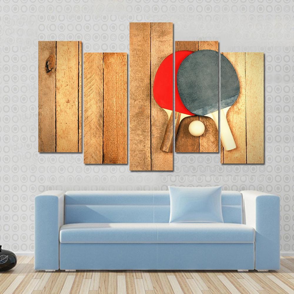 Table Tennis Paddles And Ball On Wooden Texture Canvas Wall Art-5 Pop-Gallery Wrap-47" x 32"-Tiaracle