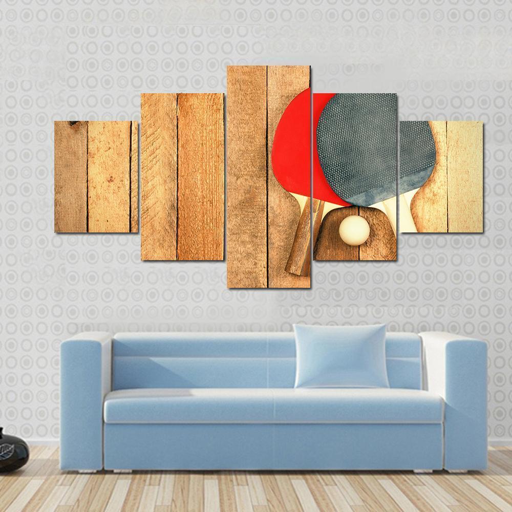 Table Tennis Paddles And Ball On Wooden Texture Canvas Wall Art-5 Pop-Gallery Wrap-47" x 32"-Tiaracle