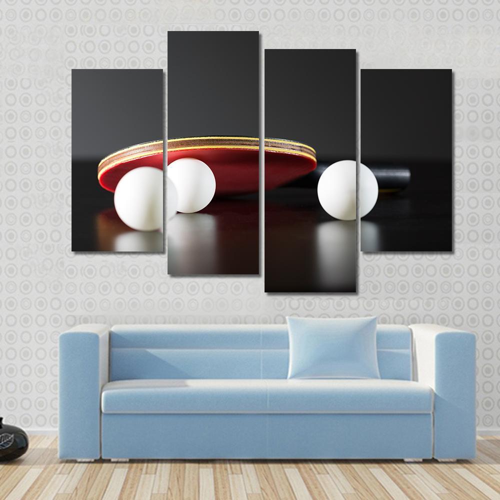 Table Tennis Racket and Balls Canvas Wall Art in black, white and red, 5 panel Star layout hung on a wall
