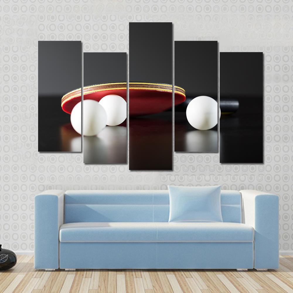 Table Tennis Racket and Balls Canvas Wall Art in black, white and red, 5 panel Star layout hung on a wall